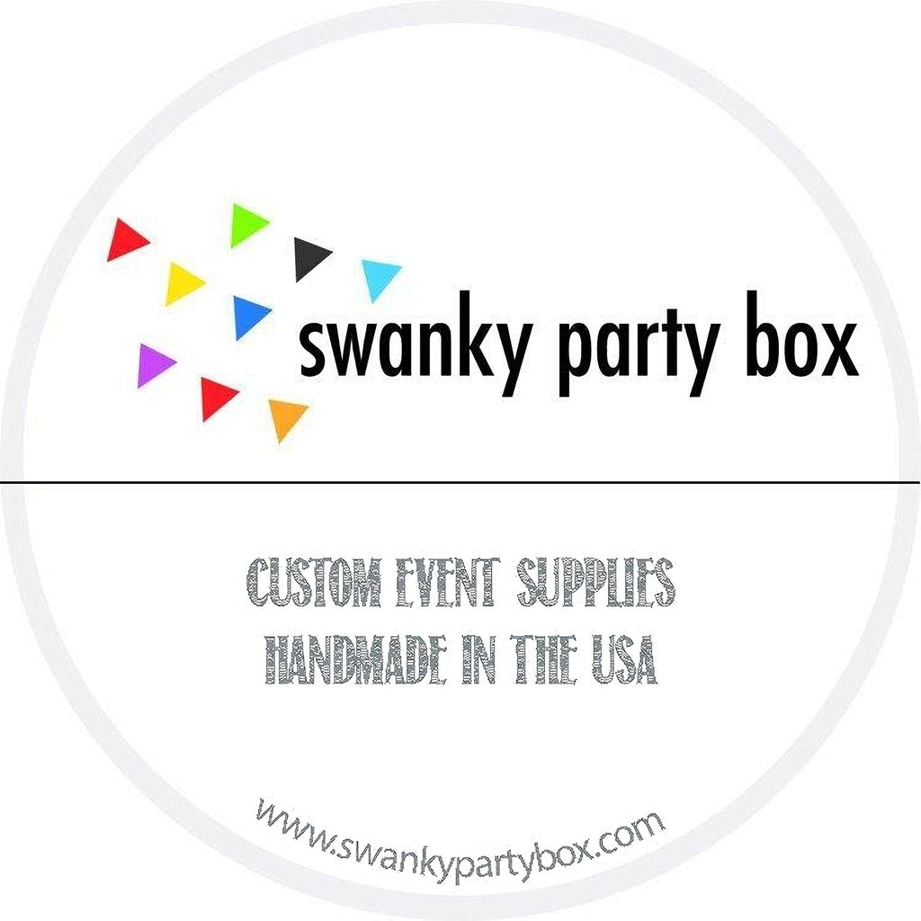 a logo for a company called "swanky party box" that specializes in custom event supplies. The logo includes a circular design with colorful triangles and the company's name in bold black text. Below the logo, there is text that reads "CUSTOM EVENT SUPPLIES HANDMADE IN THE USA". The website "www.swankypartybox.com" is also provided.