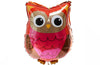 A red and gold foil balloon in the shape of an owl with large eyes and a small beak.