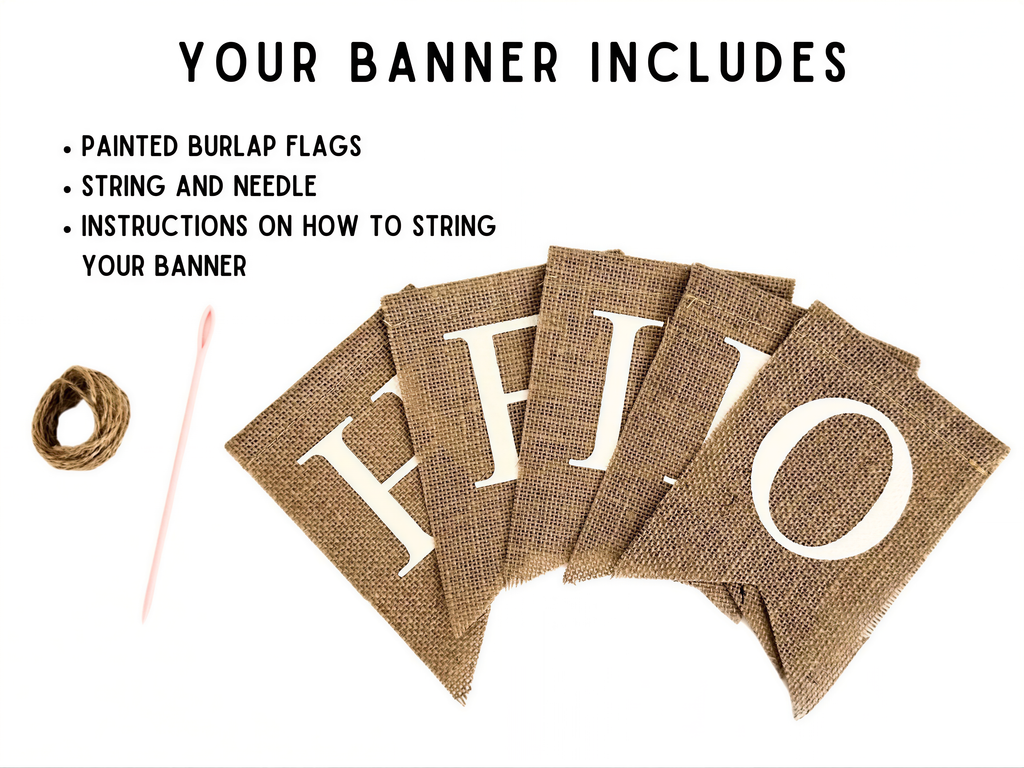 a banner made of burlap fabric with the letters "HIPO" arranged on it. The banner includes instructions on how to string the banner, and it also includes a string and needle for attaching the burlap fabric.