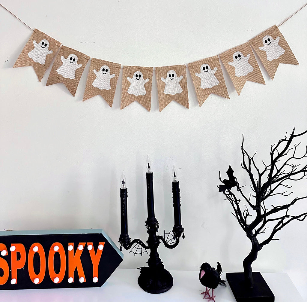 Ghost Burlap Banner, Halloween Party Decorations, Halloween Mantle Garland, Happy Halloween, Ghost Decor, B1280