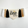 Mr Onederful 1st Birthday Tassel Banner, Crown Highchair Decoration, Black and Gold First Birthday Party Sign, Clover Cake Smash Pennant