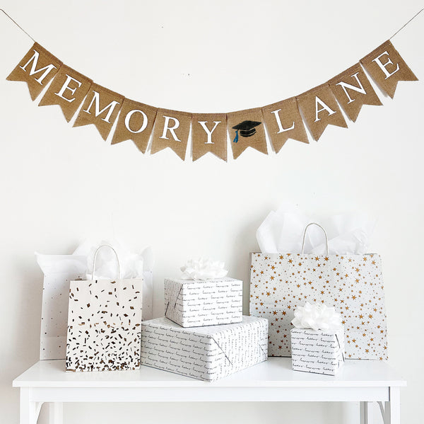 Memory Lane Banner, Graduation or Wedding Anniversary Party Decor, High School, College Reunion or Retirement Decorations, Burlap Banner