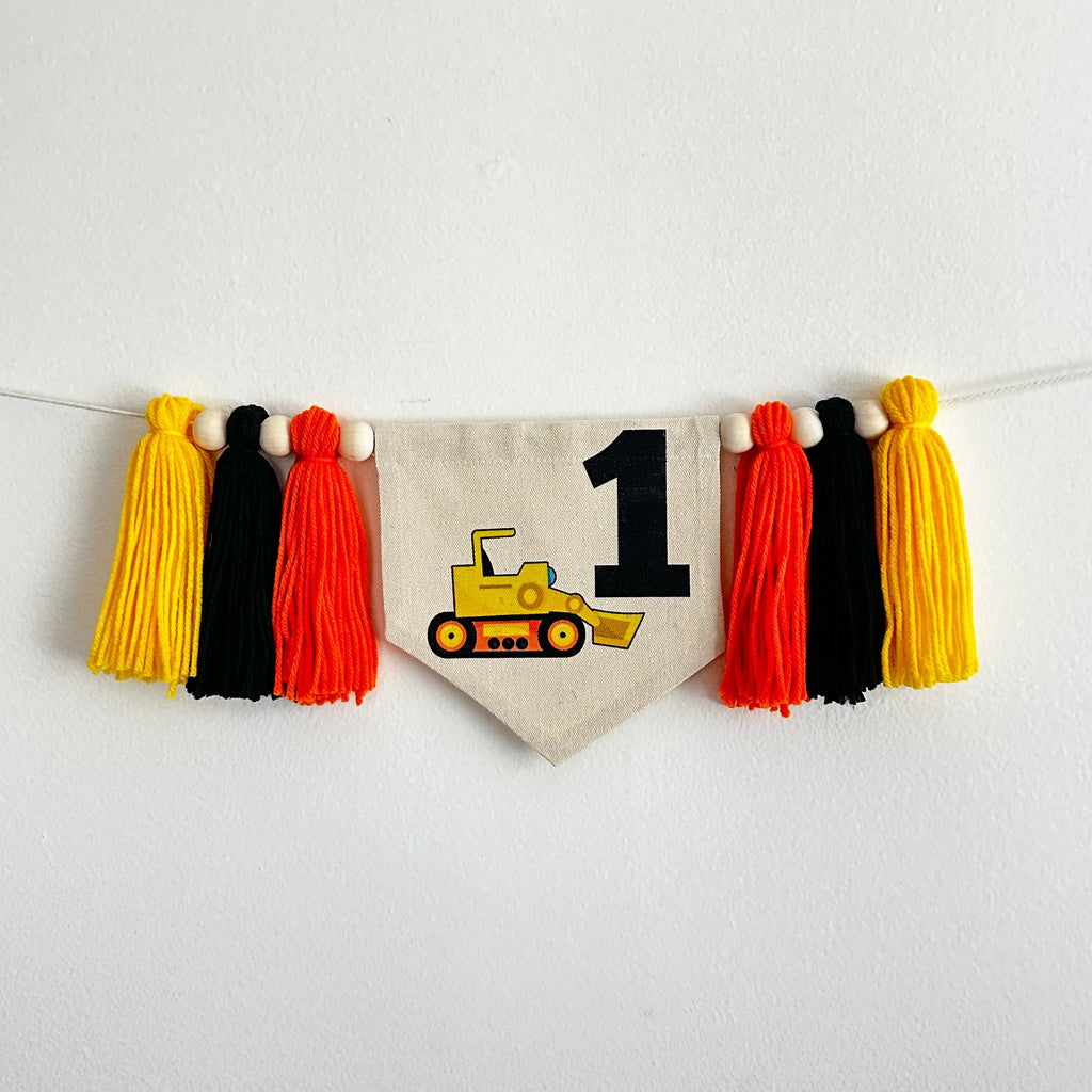 Bulldozer Construction First Birthday Banner