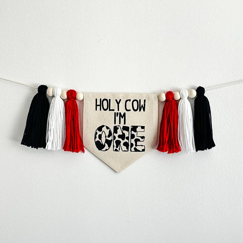 Holy Cow I'm One 1st Birthday Tassel Banner, Farm Highchair Decoration, Black and White First Birthday Party Sign, Cake Smash Pennant