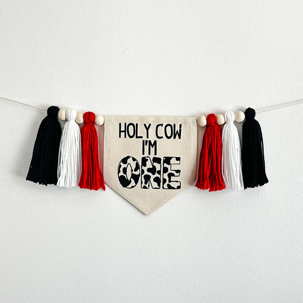 Holy Cow I'm One Red 1st Birthday Tassel Banner