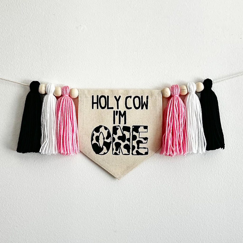 Holy Cow I'm One Pink 1st Birthday Tassel Banner