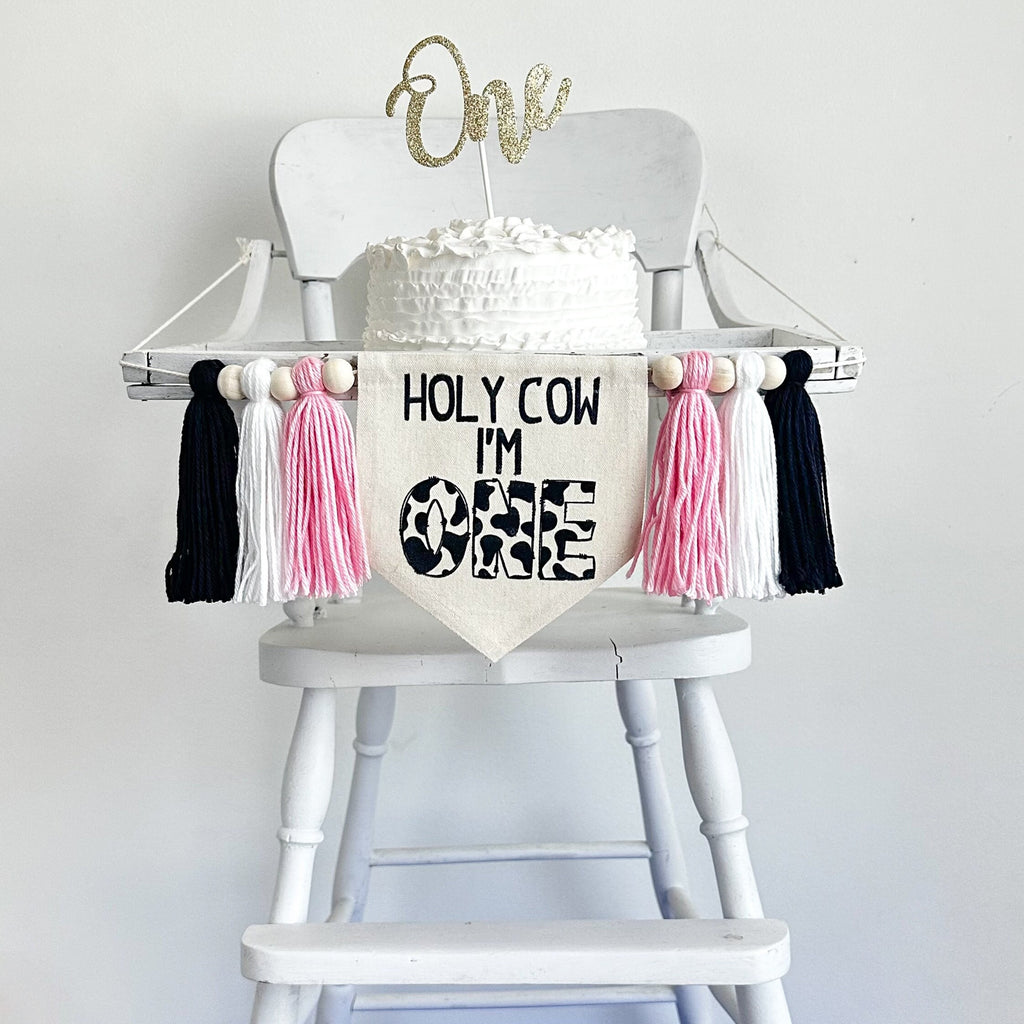 Holy Cow I'm One Pink 1st Birthday Tassel Banner