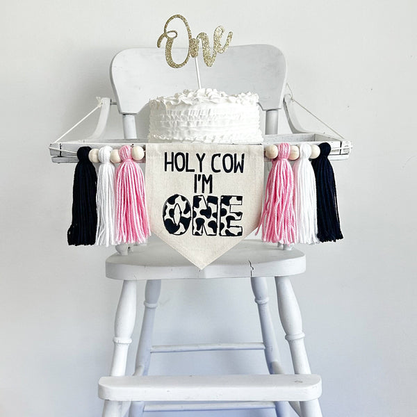Holy Cow I'm One Pink 1st Birthday Tassel Banner, Farm Highchair Decoration, Black and White First Birthday Party Sign, Cake Smash Pennant