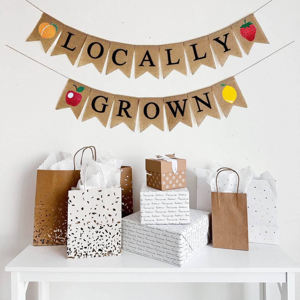 Locally Grown Burlap Banner | Farmers Market Stall or Fruit Themed Baby Shower Decoration
