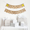 This is a burlap banner with individual fishtail shaped flags. The top line has 7 flags with the word HAPPY in white letters with a lemon on either end of the word. The bottom line has the word BIRTHDAY in white letters.