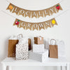 This is a burlap banner of fishtail shaped flags with the word Locally on the top string with a peach on the left side and a strawberry on the right side. The bottom string features the word Grown with an apple on the left and a lemon on the right.