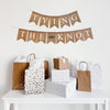 This is a burlap banner made of fishtail shaped flags that measure 4.5 by 6.5 inches each. The top string says TYING in white letters. The bottom string says THE KNOT in white letters with an image of a rope knot in navy in between the words.
