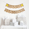 A two tiered burlap banner. The first line reads happy with two yellow sunshine images. The second line reads birthday.