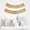 This is a burlap banner made out of 4 inch by 6 inch fishtail flags. It is on two strings. The top string has the word Happy in white letters with an image of a peach on either end. The bottom string has the word Birthday in white letters.