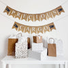 This is a burlap banner made of 4.5 by 6.5 inch fishtail flags. The top string says PRECIOUS spelled in white capital letters with an image of a navy plane on either end. The bottom string says CARGO in white letters with a navy plane on each end.