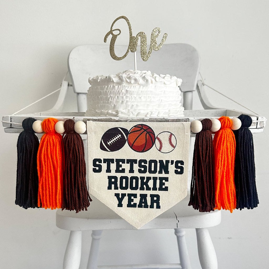 Sports 1st Birthday Party Decorations, Custom All Star First Birthday Highchair Sign, Tassel Banner, Football, Basketball, Rookie Year