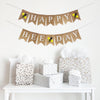 A two tiered burlap banner. The first tier reads HAPPY with a yellow bee icon on either side of the word. The second tier reads BEE DAY with a yellow bee icon between the words.
