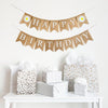A happy birthday burlap banner strung on two strings. The happy is at the top and the birthday below.  Hand painted daisies are at the beginning and end of the word happy.  The daisies are painted in white with a yellow center.