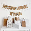 A two tiered burlap banner. The first tier reads choo choo with a navy blue train between the words. The second tear reads I&#39;m 2 with the same navy blue train image between the words.