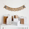 This is a burlap banner made from 4.5 by 6.5 inch fishtail shaped flags. Each flag has a white stenciled letter on it. The sample spells CUSTOM but you can add any letters you&#39;d like to spell a word. There is a stenciled football image on each end.