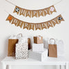 A burlap banner made from 4.5 by 6.5 inch fishtail shaped flags. The top string says HAPPY in white with a soccer ball on the left & a baseball on the right. The bottom string says BIRTHDAY with a basketball on the left & a football on the right.