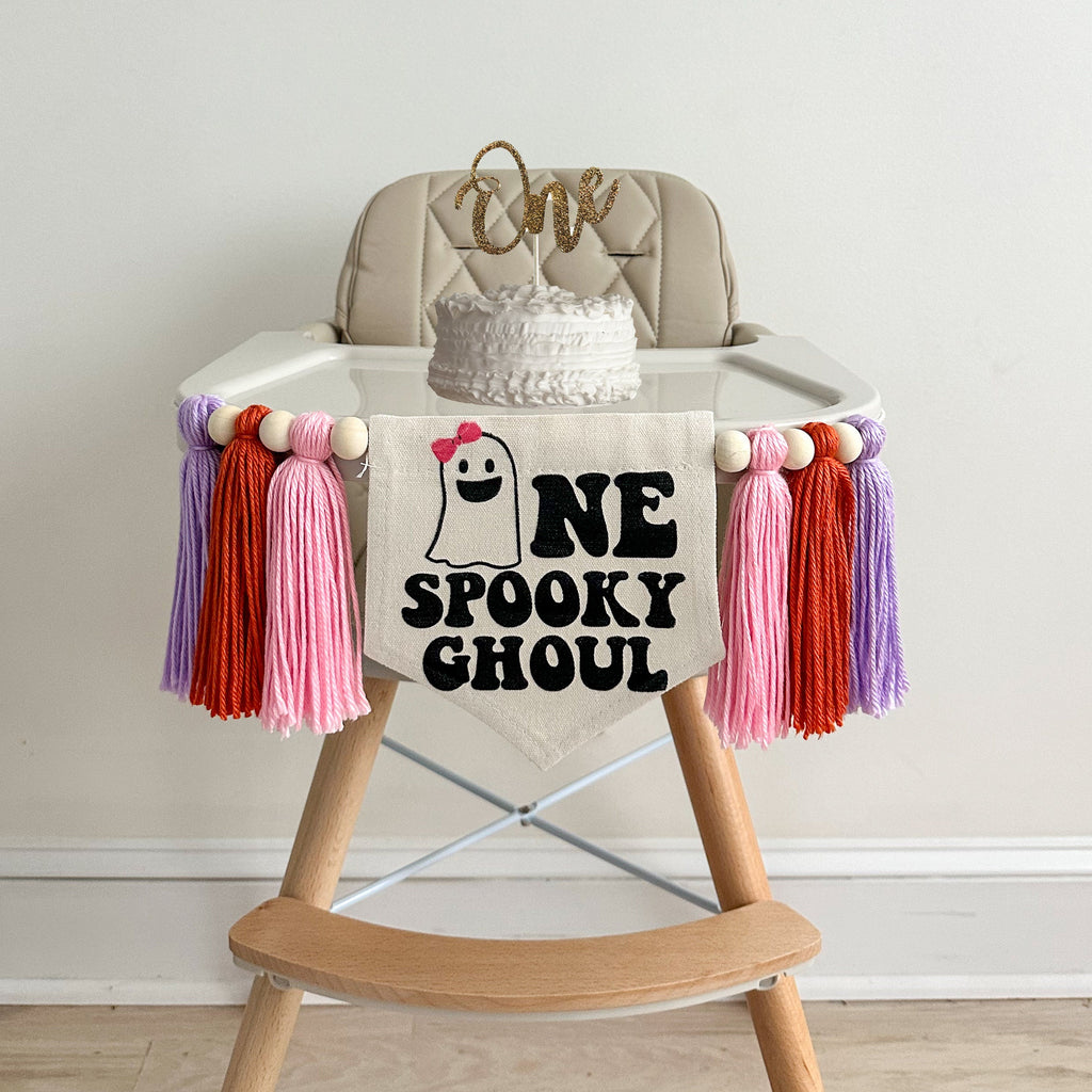 Halloween 1st Birthday Party Decorations, One Spooky Ghoul First Birthday, Ghost High Chair Banner, Pink Bow Spooky Halloween Sign