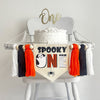 A 5 by 7 inch canvas banner with the words SPOOKY ONE and a ghost, spider and mummy. There is an orange, black and white 5 inch yarn tassel on each side, separated by wooden beads.