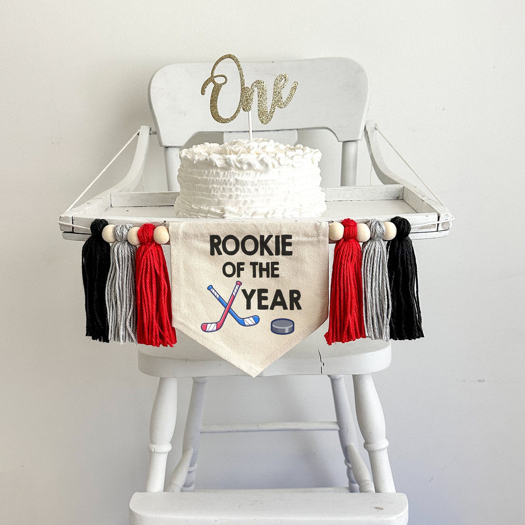Hockey 1st Birthday Party Decorations, Rookie of the Year Hockey Highchair Banner, Goal First Birthday Tassel Banner, Cake Smash Pennant