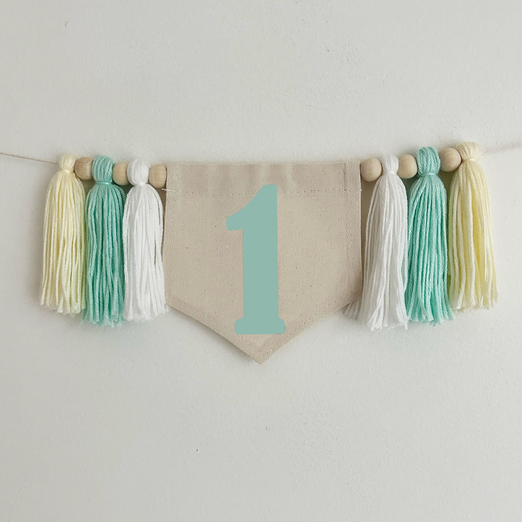 1st Birthday High Chair Tassel Banner | Mint Neutral First Birthday Party Decorations