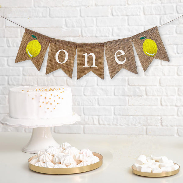 A burlap banner made from five 4.5 by 6.5 inch fishtail shaped flags. The first flag has a lemon image, the 2nd flag has a white lowercase O, the 3rd flag has a white lowercase N, the 4th flag has a white lowercase E, and the last flag has a lemon.