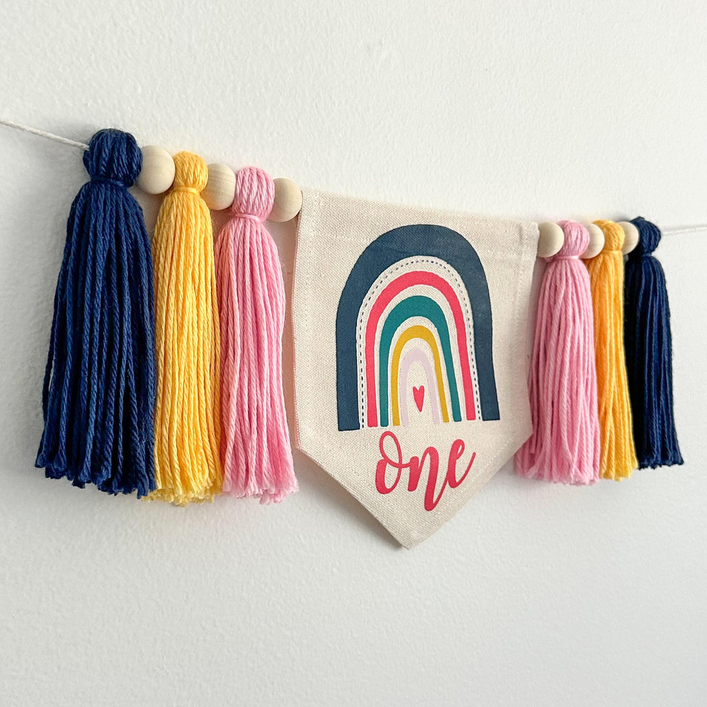 Rainbow Birthday Tassel Banner, Boho Highchair Decoration, Colorful 1st Birthday Party Sign