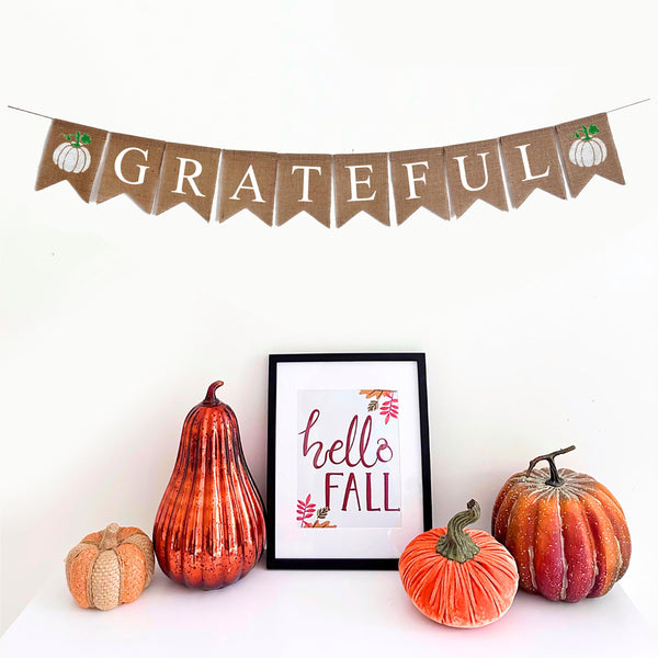 Grateful Burlap Banner | Pumpkin Thanksgiving Decorations