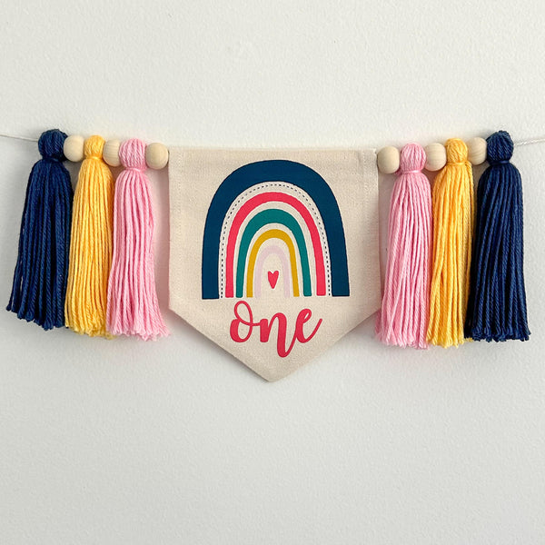 Rainbow Birthday Tassel Banner, Boho Highchair Decoration, Colorful 1st Birthday Party Sign