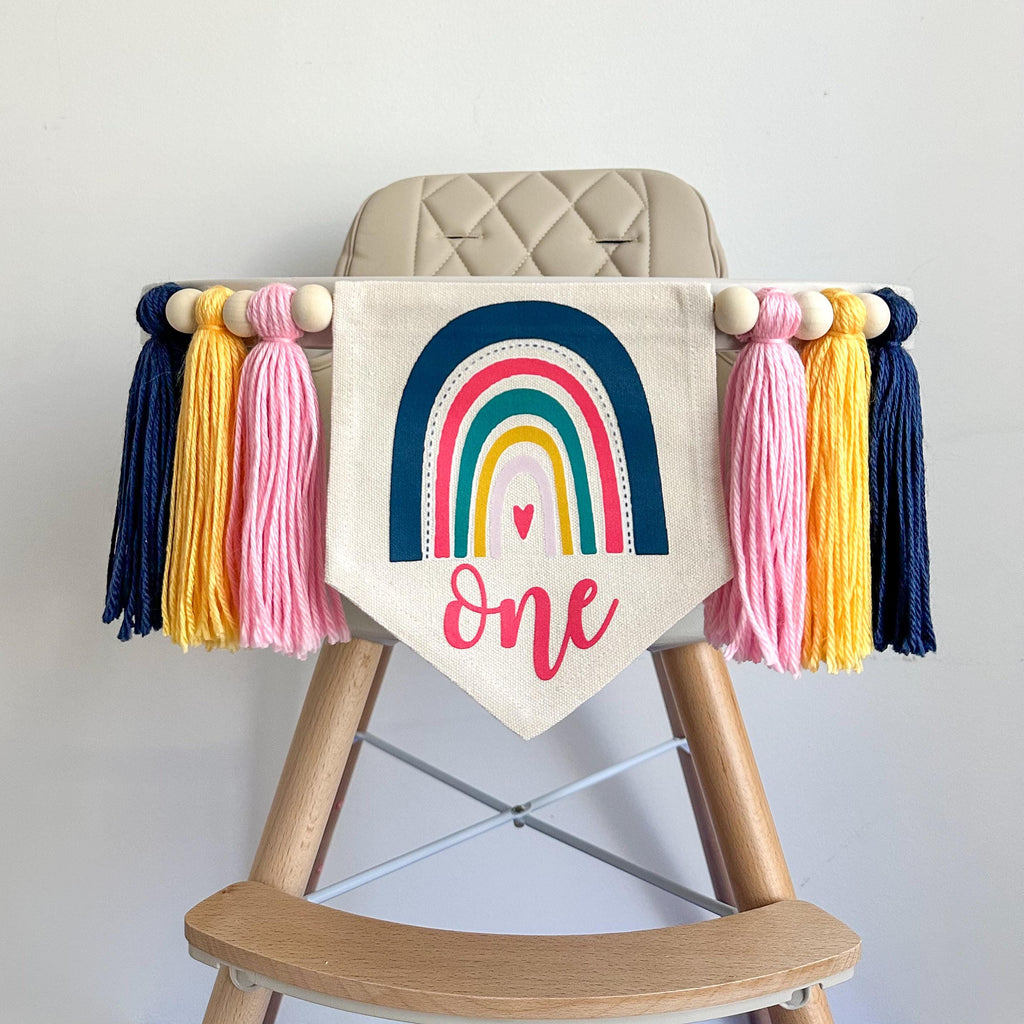 Rainbow Birthday Tassel Banner, Boho Highchair Decoration, Colorful 1st Birthday Party Sign