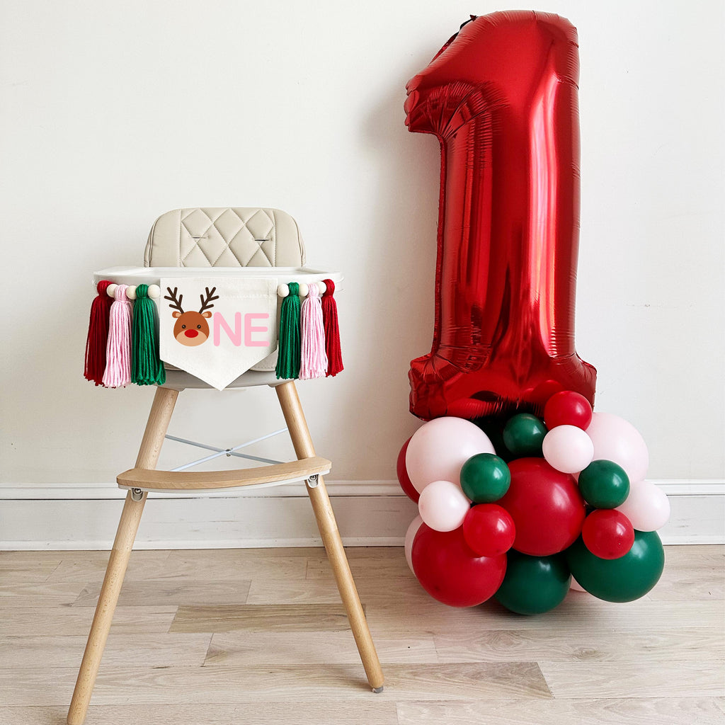 Pink Holiday First Birthday | Red Pink Green Balloon Tower | Christmas 1st Birthday