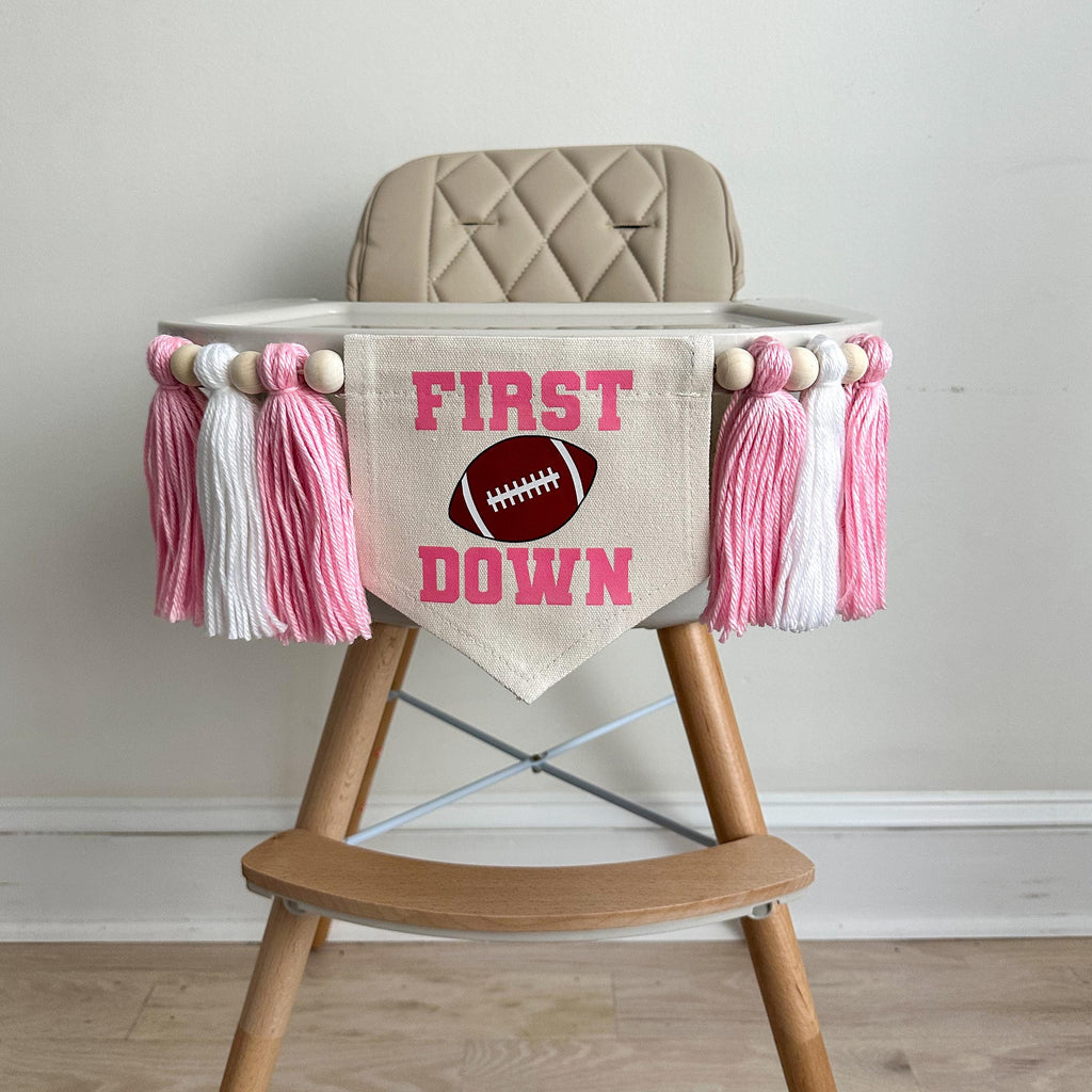 First Down Pink Football 1st Birthday Tassel Banner