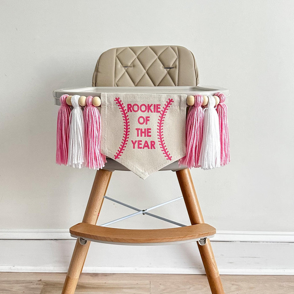 Rookie of the Year 1st Birthday Tassel Banner, Pink Baseball Highchair Decoration, Little Slugger First Birthday Party Decor