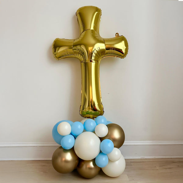 Large Gold Cross Balloon Tower | Blue & Gold Christening Decorations