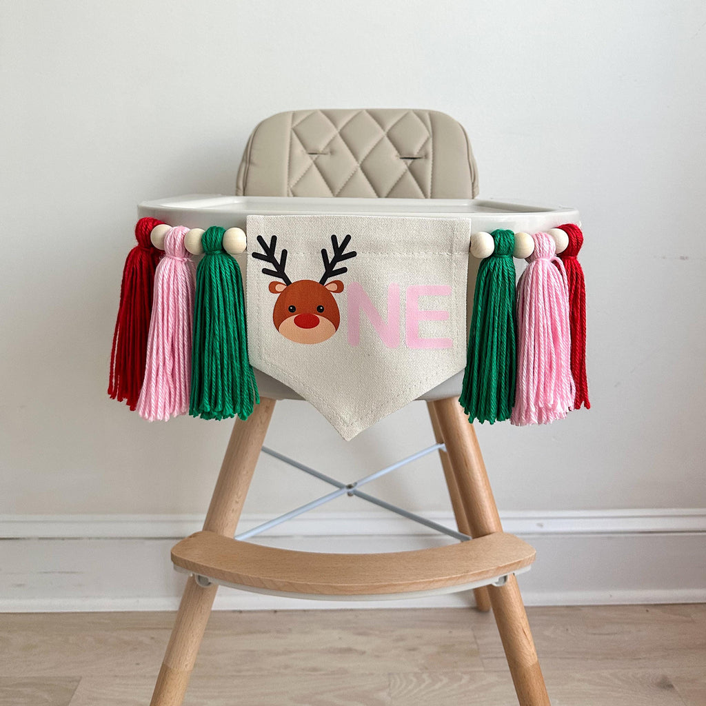 Reindeer 1st Birthday Party Decorations, Oh What Fun Christmas High Chair Banner, Pink Holiday First Birthday Sign