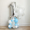 Blue, silver and white winter wonderland party.Featuring a silver 34 inch one on top of a pastel blue, snowflake and white latex balloon tower. The large white snowflake balloon adds the perfect touch of whimsical winter wonder!