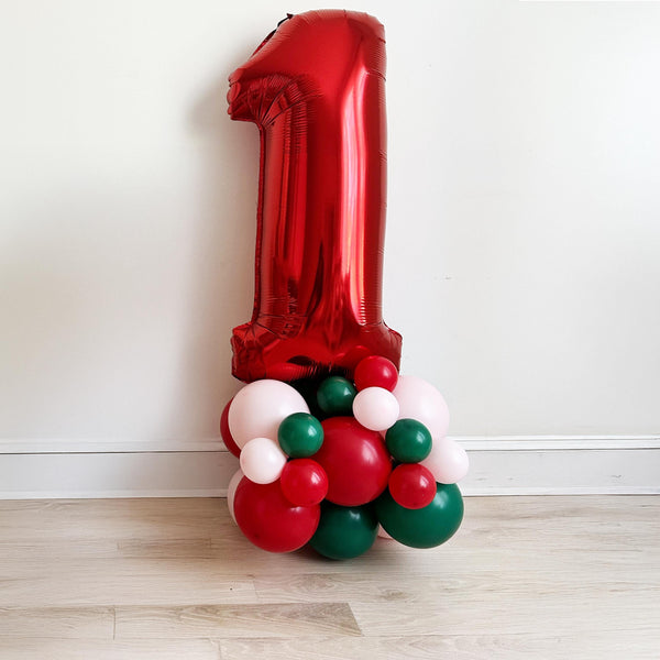 Pink Holiday First Birthday | Red Pink Green Balloon Tower | Christmas 1st Birthday