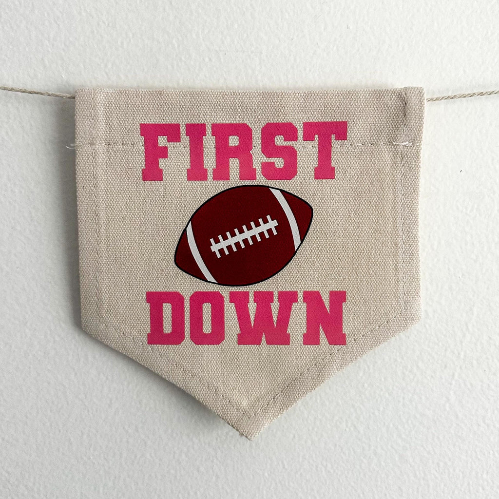 First Down Pink Football 1st Birthday Tassel Banner