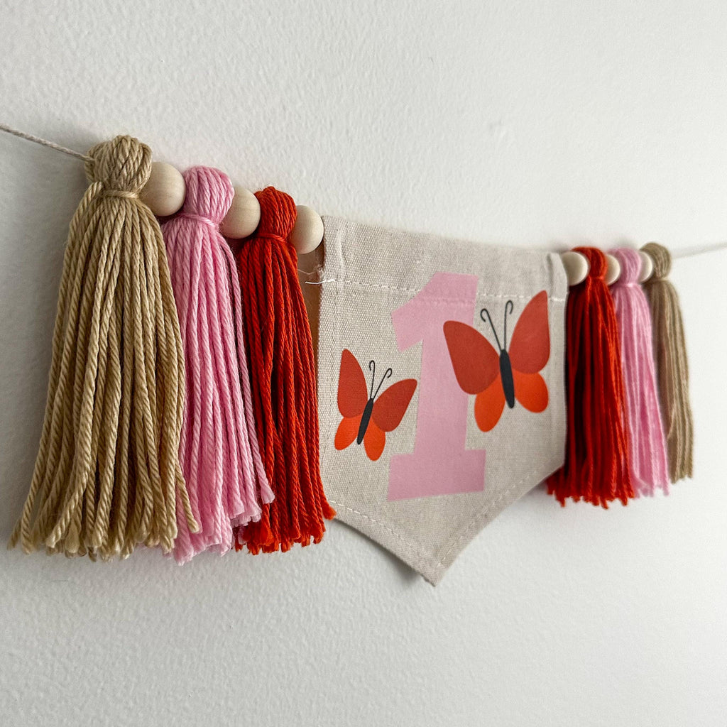 Butterfly First Birthday Highchair Tassel Banner