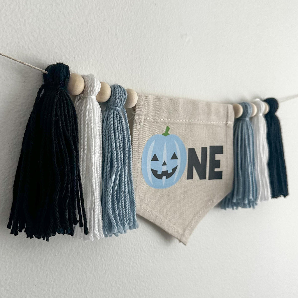 Halloween 1st Birthday Party Decorations | Blue Jack O Lantern Tassel Banner