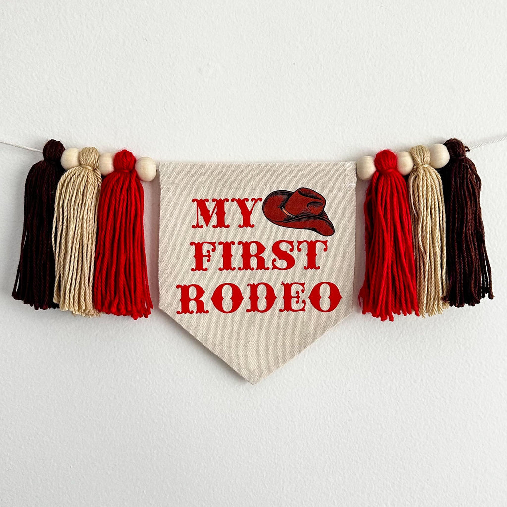 Western 1st Birthday Party Decorations | My First Rodeo Highchair Tassel Banner in Red