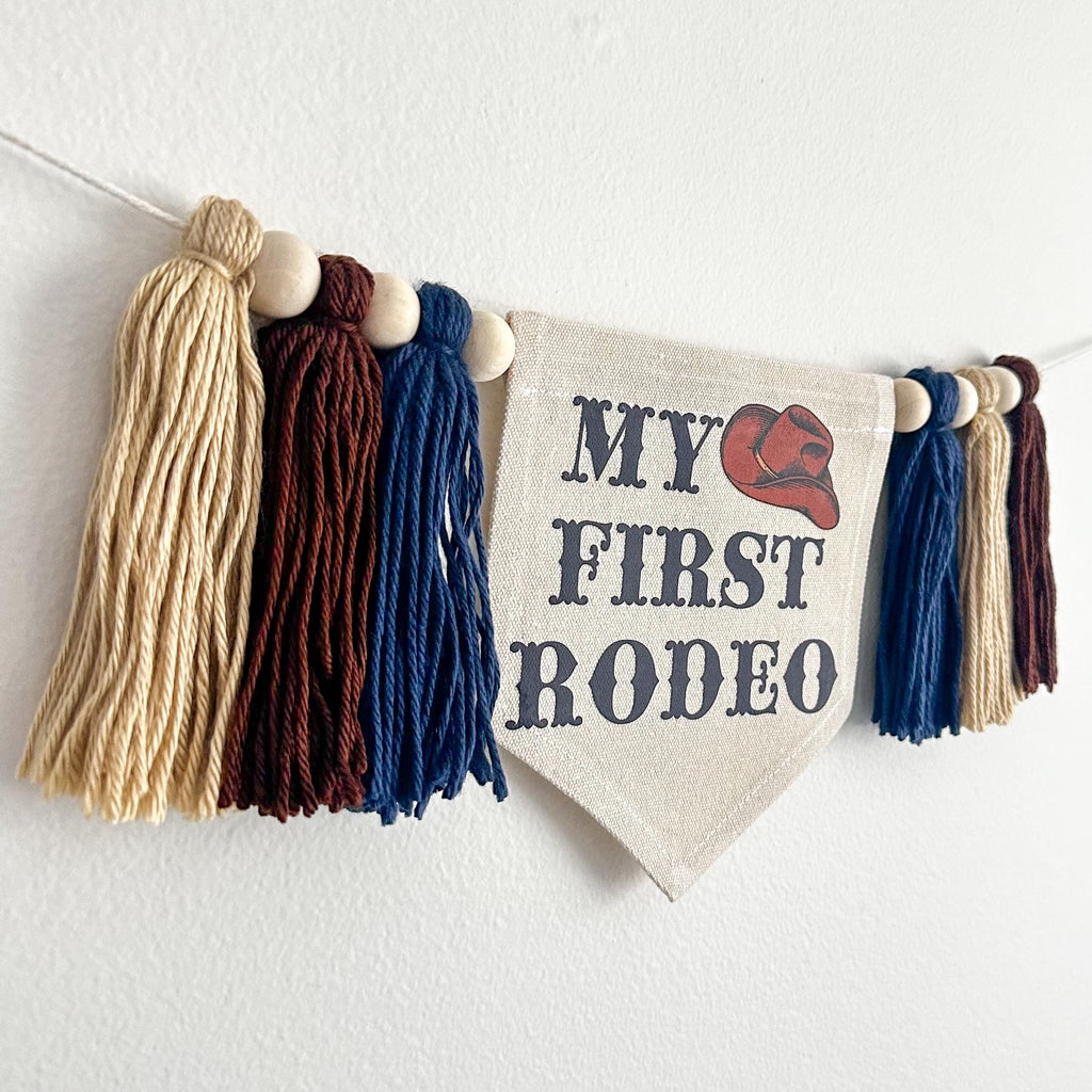 Western 1st Birthday Party Decorations | My First Rodeo Highchair Tassel Banner in Blue