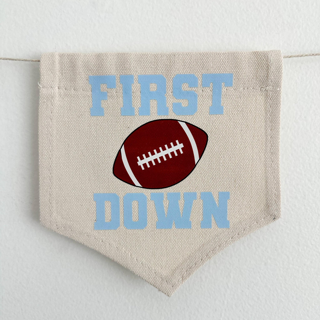 First Down Light Blue 1st Birthday Tassel Banner, Football Highchair Decoration, Sports First Birthday Party Sign