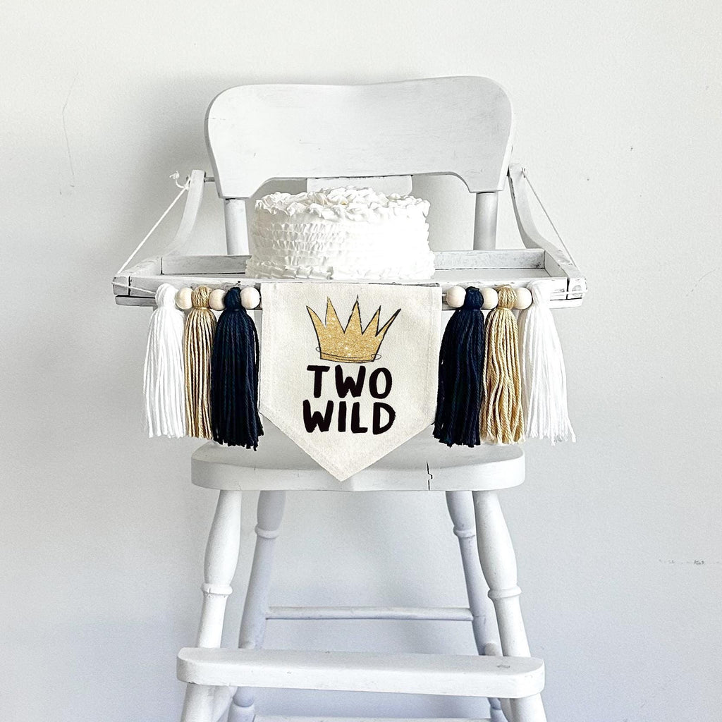 Two Wild 2nd Birthday Tassel Banner, Crown Highchair Decoration, Black and Gold Second Birthday Party Sign