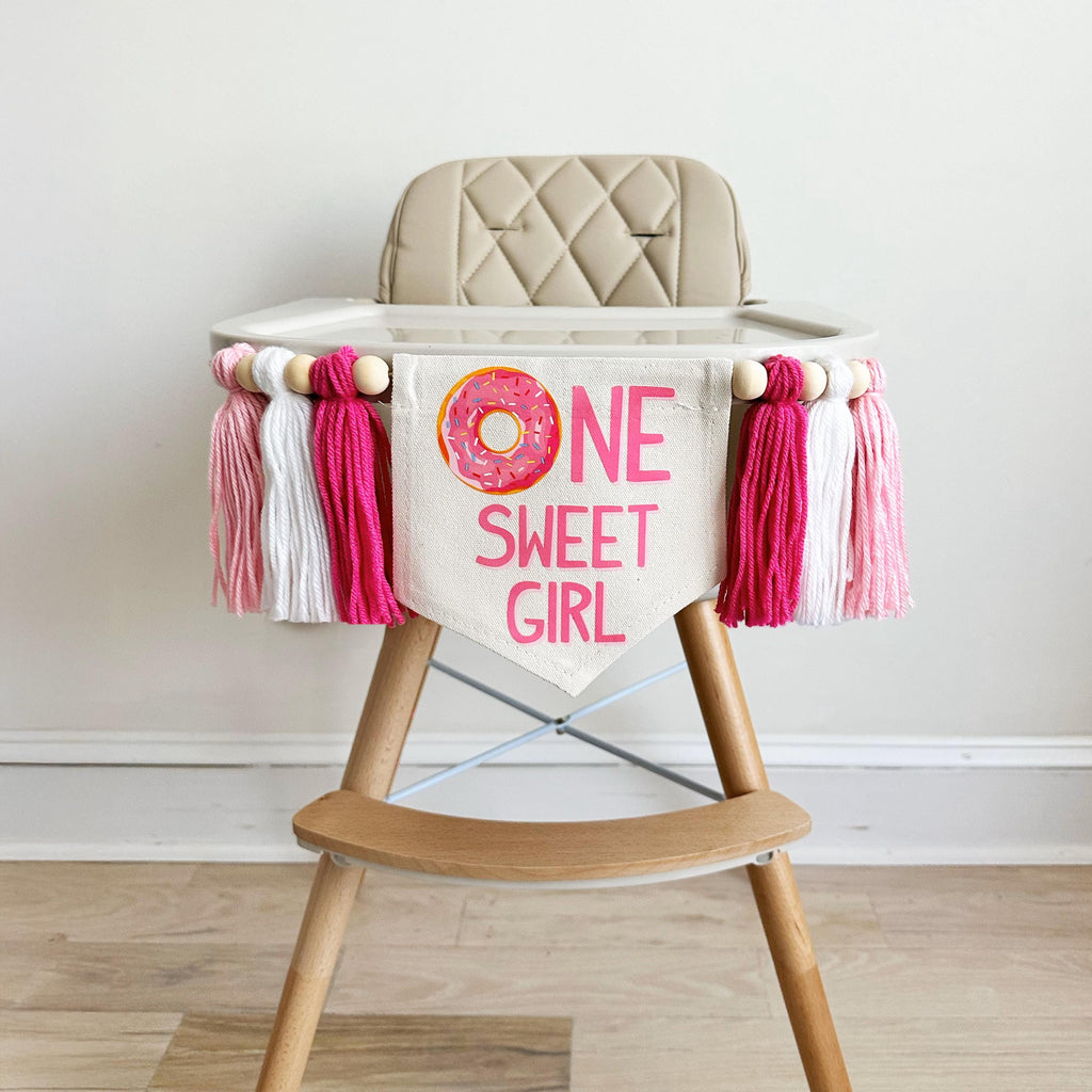 Donut 1st Birthday Party Decorations, Sweet One First Birthday, Pink Doughnut High Chair Banner