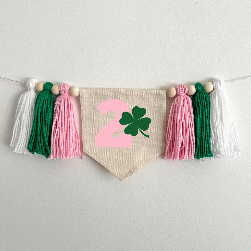 St. Patrick's Day 2nd Birthday Tassel Banner, Two Lucky Highchair Decoration, Shamrock Second Birthday Party Sign, Clover Photo Cake Smash